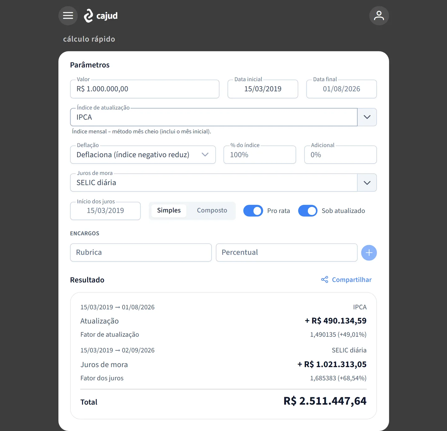 Tela do cálculo rápido do cajud: valor, datas e índice de um lado, resultado com correção e juros do outro
