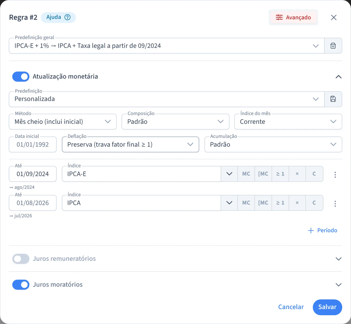 Editor de regra da atualização de débito em modo avançado: método, composição, índice do mês, deflação e acumulação em campos próprios, e a linha do tempo com o índice de cada período